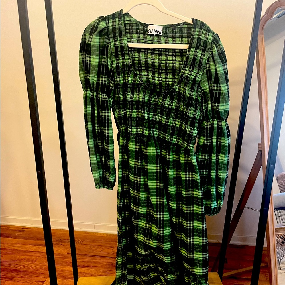 Ganni Seersucker Green Plaid Dress size 42 (US 10-12)